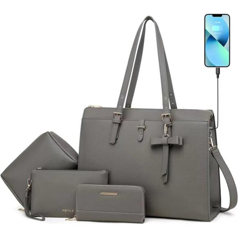 Keyli 4pc Sets Laptop Bag for Women Large Leather Laptop Briefcase with USB